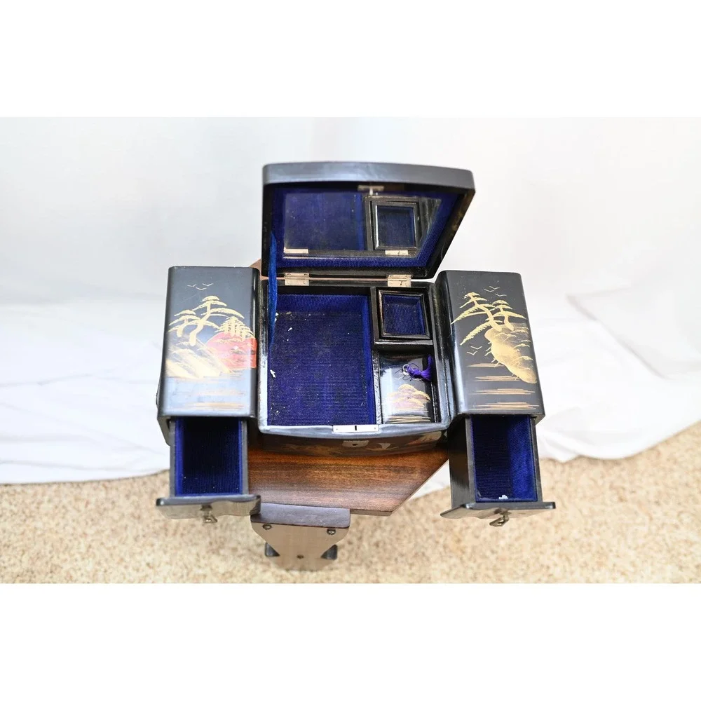 Vintage Japanese Mid Century Black Lacquer Jewelry Box Sankyo Music Box Fuji